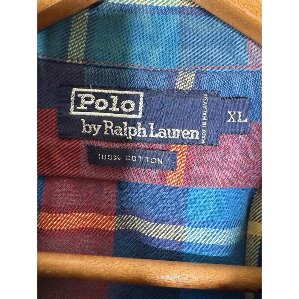 Vtg Polo Ralph Lauren Red Plaid Heavy Western Mandarin Silver Button Shirt Sz XL